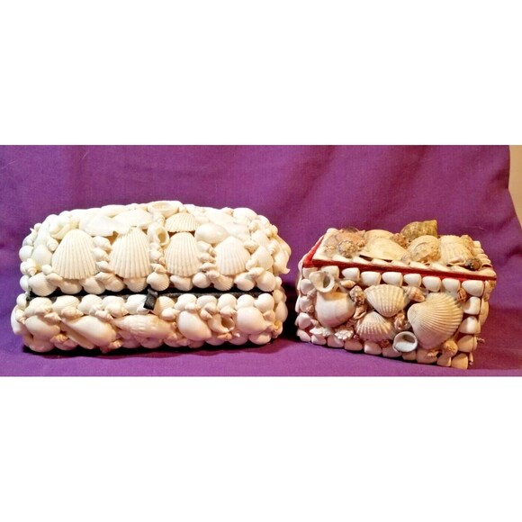 2 Vintage Seashell Encrusted Jewelry Trinket Treasure Box Handmade Coastal Beach - Picture 1 of 12